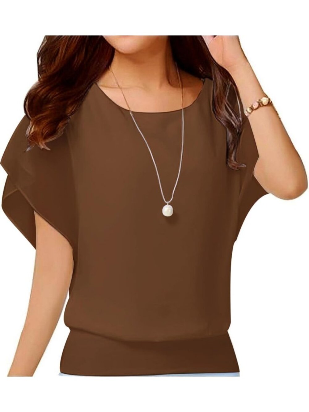 Women's Dark Brown Elegant Loose Casual Short Sleeve Chiffon Top T Shirt Blouse